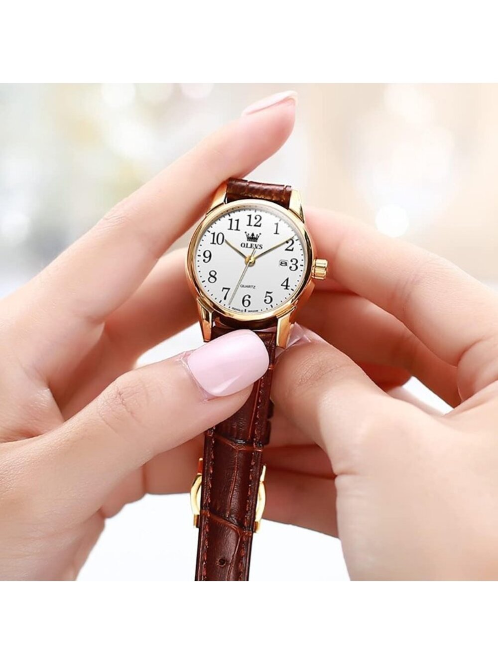 Olevs Women's White Brown Leather Analog Waterproof Reloj Mujer Luxury Watch - Picture 5 of 6
